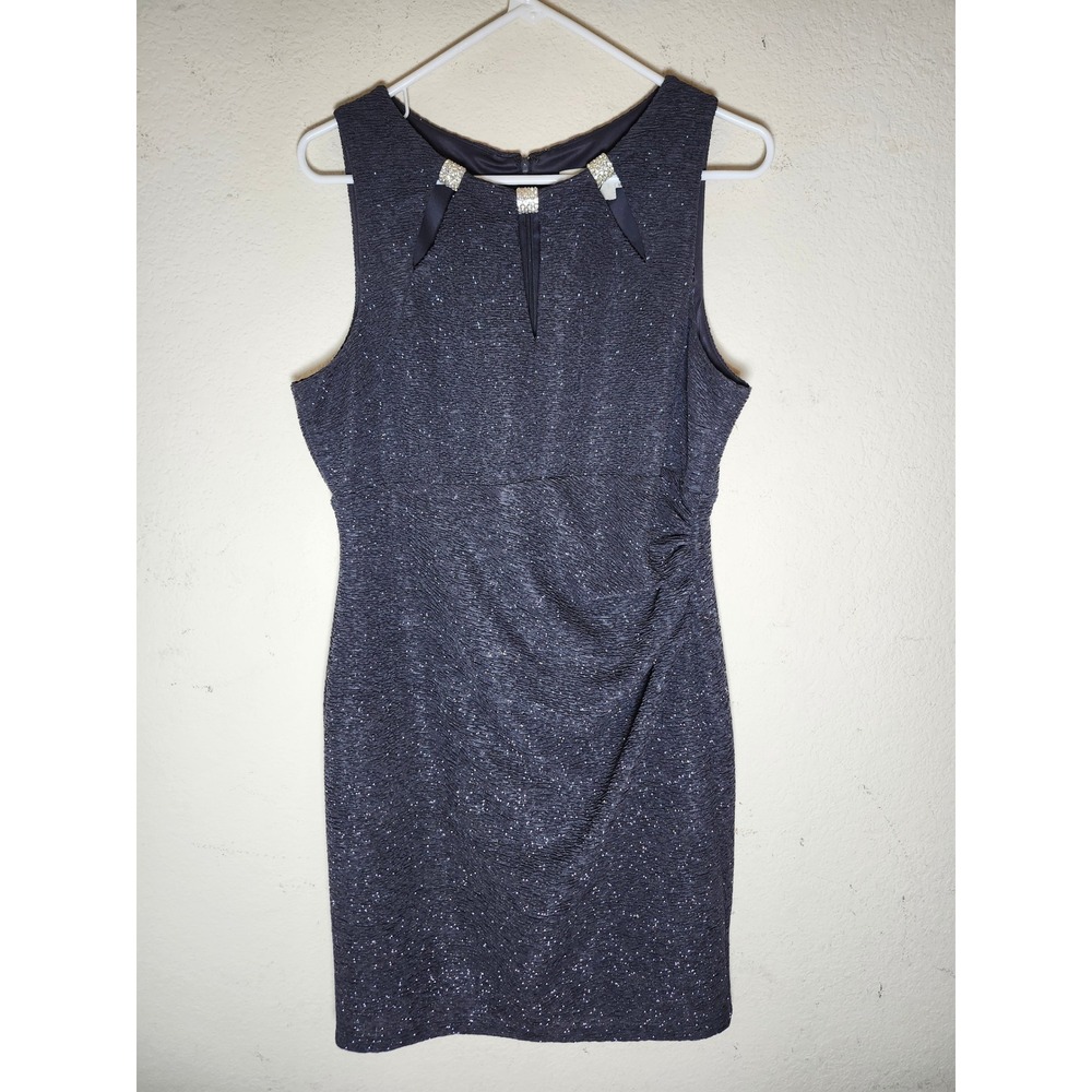 Eliza J Sheath Dress Women 12 Navy Blue Metallic Rhinestone Ruched EJ5M8913